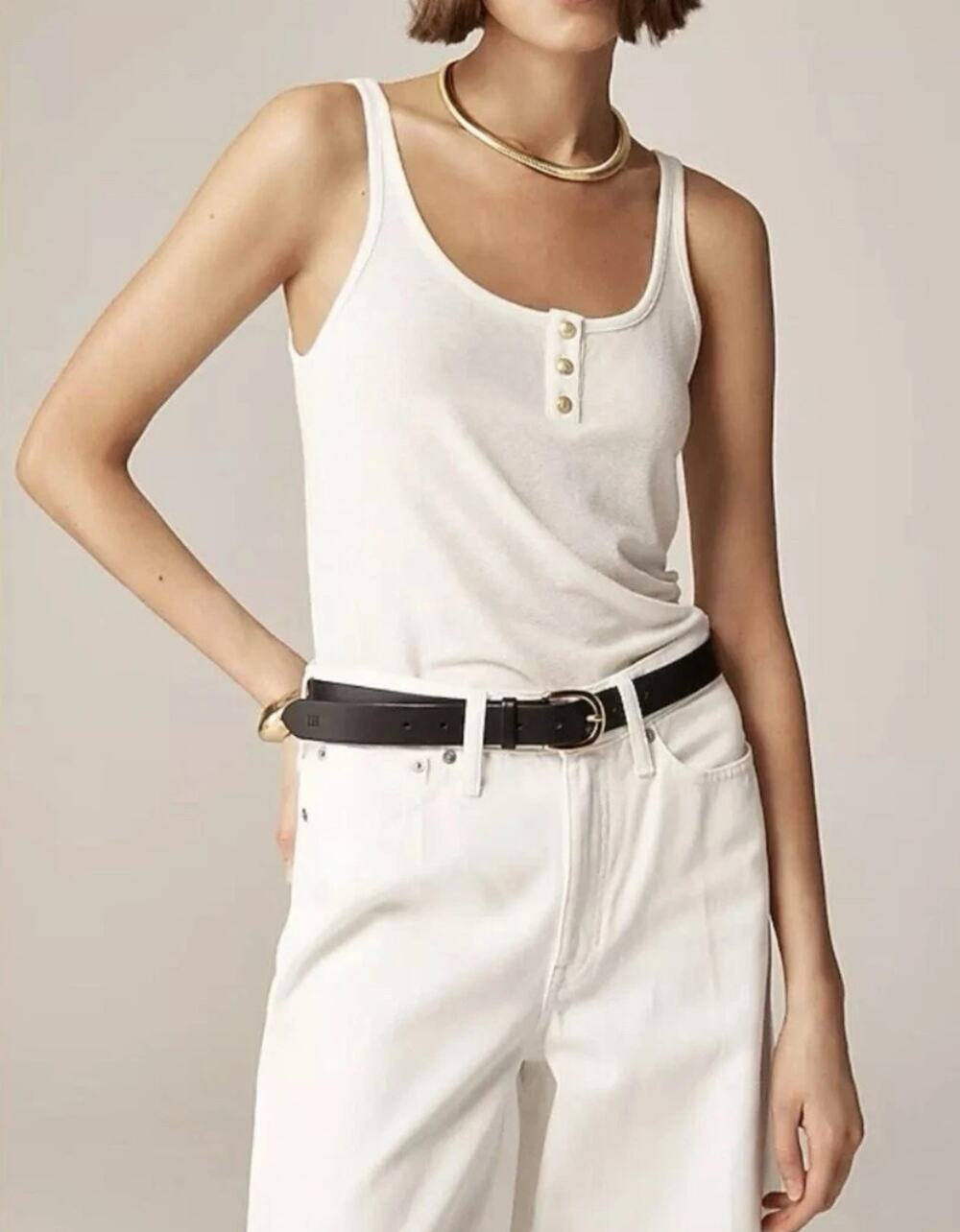 J.Crew Henley Tank Top in Stretch Linen Blend Gold Buttons CA500 in Ivory XL NWT